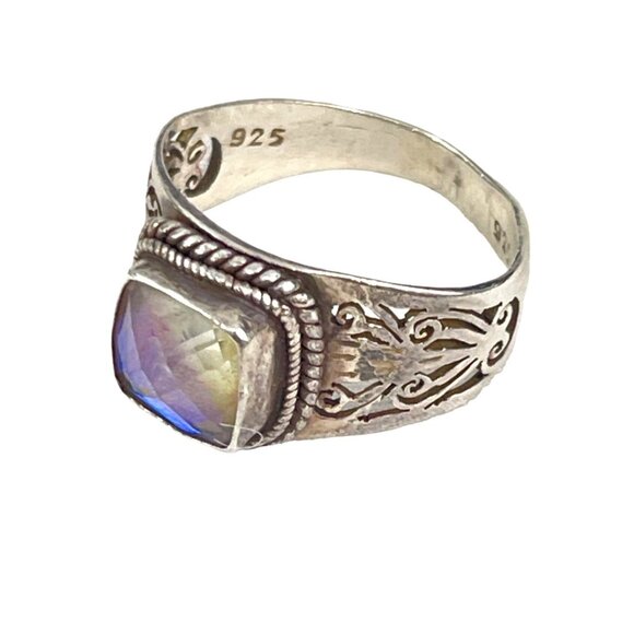 Natural Rainbow Moonstone Sterling Faceted Bezel Set Handmade Ring Size 8 - Picture 7 of 8